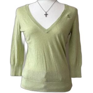 Queue Green 100% Italian Cashmere Sweater V-Neck Elbow Sleeves Women's Size S